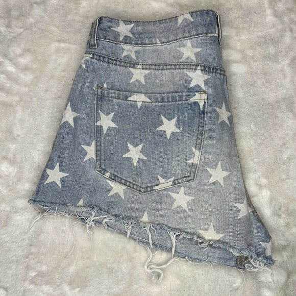 Forever 21 Blue & White Star Print Distressed Denim High-Rise CutOff Jean Shorts - Picture 6 of 10